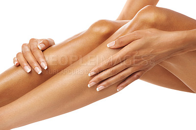 Buy stock photo Woman touch legs, skincare and beauty for wellness, laser hair removal and isolated white background. Female hands, leg and studio skin care of body cosmetics, shine and epilation for salon aesthetic