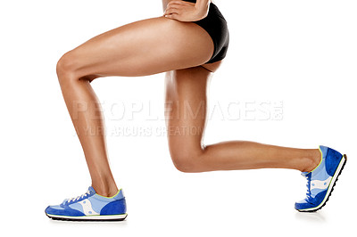 Buy stock photo Stretching legs, fitness and woman training isolated on a white background in studio. Warm up, exercise and athlete runner with a stretch before a workout, cardio or running on a studio background