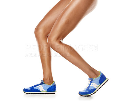 Buy stock photo Fitness, legs and running with shoes of black woman for sports, training and workout endurance. Wellness, skincare and cosmetics with girl runner for goal, beauty and training in white background 