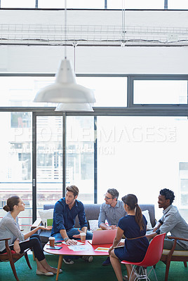 Buy stock photo Business people, startup and planning in workspace for collaboration, discussion or creative agency. Meeting, brainstorming and partnership in workplace for teamwork, strategy or pitch with diversity