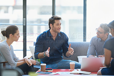 Buy stock photo Planning, training and idea with business people in meeting for strategy, project management or creative. Entrepreneur, brainstorming and teamwork with employees in startup for design collaboration