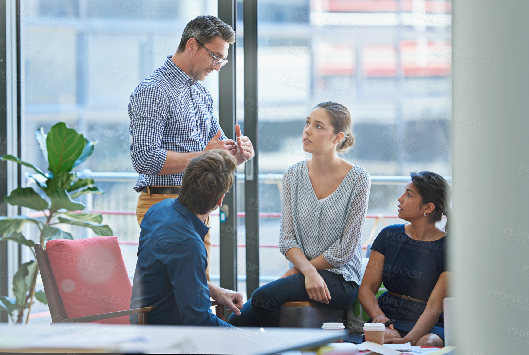 Buy stock photo Business people, manager and planning in workspace for collaboration, discussion or creative agency. Startup, brainstorming and partnership in workplace for teamwork, strategy or pitch with diversity