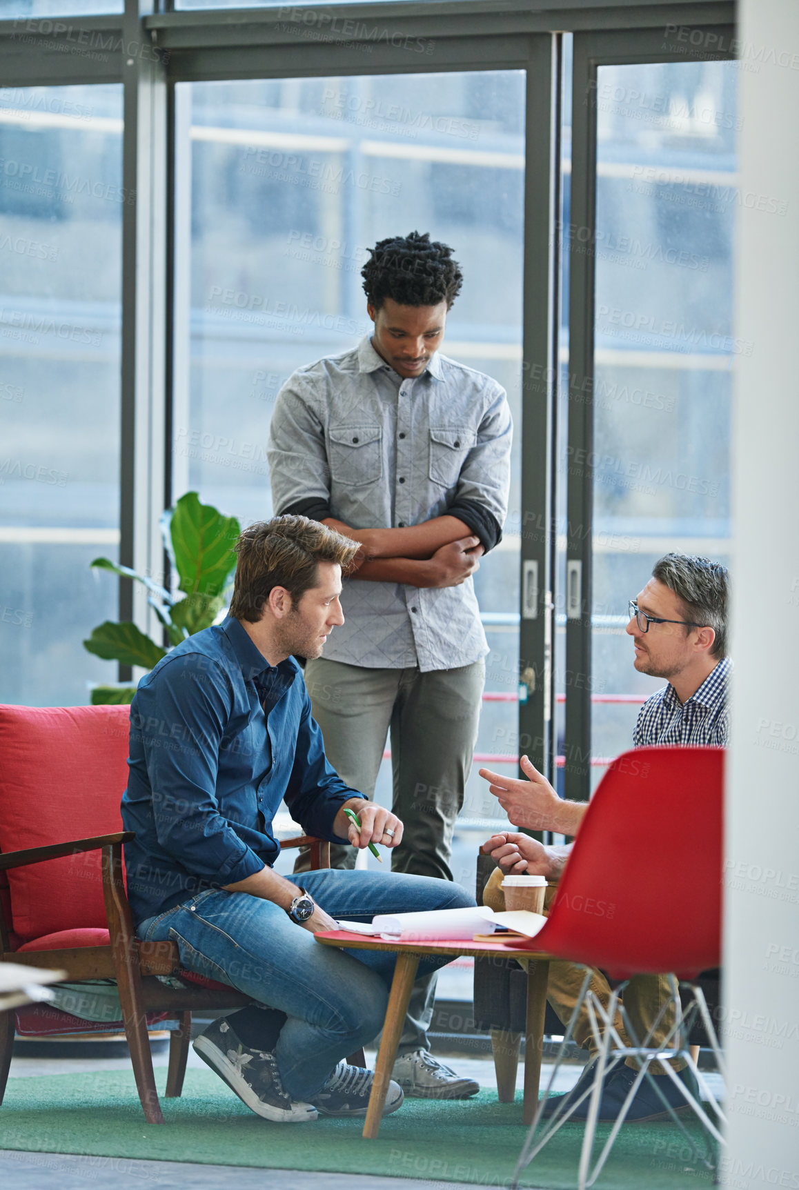 Buy stock photo Business people, research and planning in workspace for collaboration, discussion or creative agency. Startup, brainstorming and partnership in workplace for teamwork, meeting or pitch with diversity