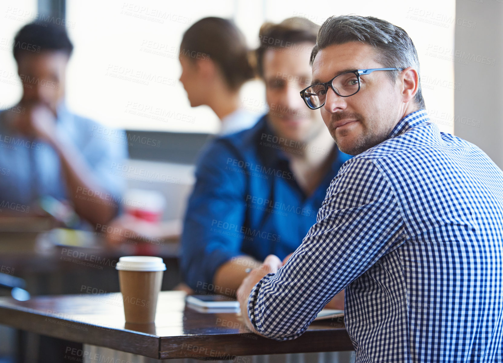 Buy stock photo Meeting, laptop and portrait of business man at coffee shop for planning, conversation and talking. Professional, collaboration and men in restaurant on computer for feedback, review and discussion