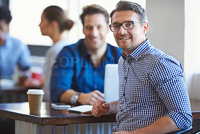 Buy stock photo Meeting, teamwork and portrait of business man at coffee shop for planning, conversation and talking. Professional, collaboration and men in restaurant for feedback with review and discussion