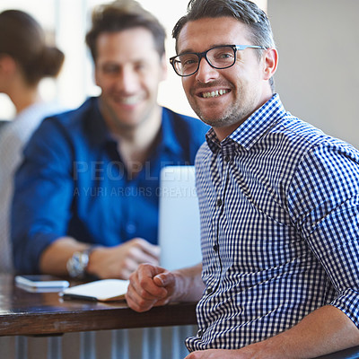 Buy stock photo Meeting, happy and portrait of businessman at coffee shop for teamwork, collaboration and coworking. Professional worker, restaurant and men in cafeteria for company break, networking and relax