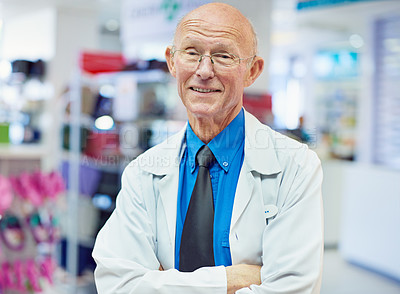 Buy stock photo Portait of a senior pharmacist at work