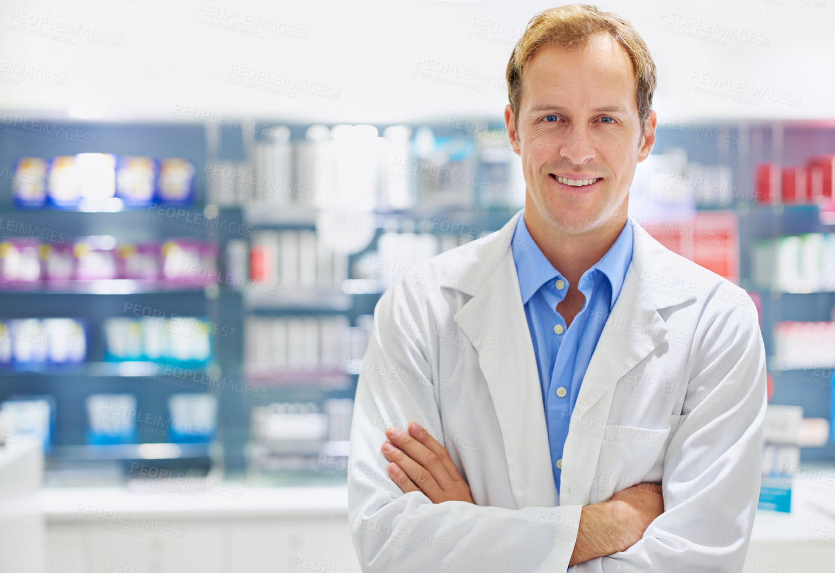 Buy stock photo Pharmacist portrait, happy and man with arms crossed for medicine, prescription and customer service. Pharmacy, confident and worker at dispensary for pharmaceutical supply, healthcare and assistance