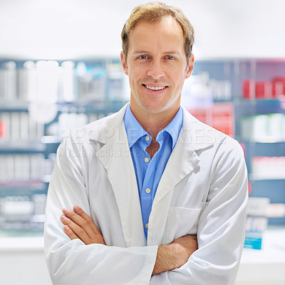 Buy stock photo Portrait of a smiling clinician standing in a cosmetics store