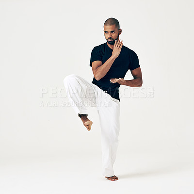 Buy stock photo Tai chi, exercise and man in martial arts training or calm movement with hands on white background. Balance, workout and person with skill in self defence technique or healthy practice in gym