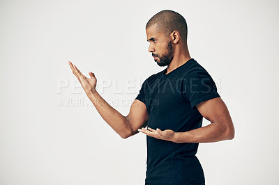 Buy stock photo Tai chi, exercise and man in martial arts training or calm movement with hands on white background. Healthy, workout and person with skill in self defence technique or practice karate in gym
