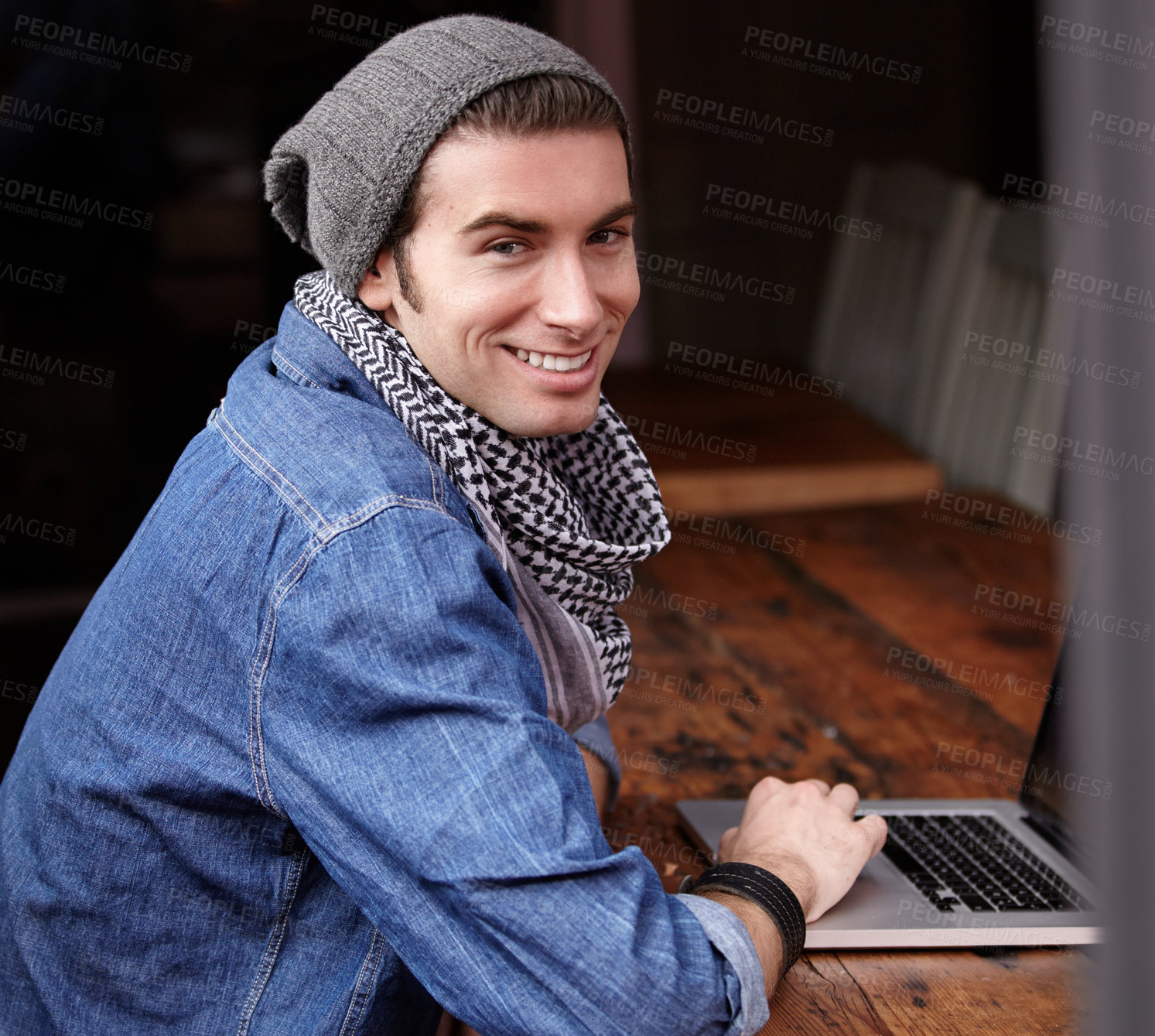 Buy stock photo Laptop, restaurant shop and happy man, portrait student or person working on project, university report or research. Happiness, retail store and diner customer, client or hipster typing college study