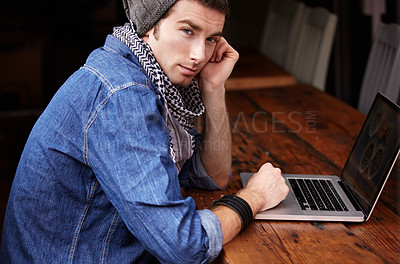 Buy stock photo Laptop, restaurant shop and portrait of serious man, writer or person working on project, report or research paper. Freelance focus, blog and cafe customer, client or hipster typing social media post