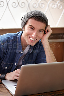 Buy stock photo Laptop, cafe portrait and happy man, relax writer or person typing online project, story or research paper. Freelance remote work, connect and coffee shop customer working on restaurant review blog