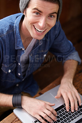 Buy stock photo Laptop keyboard, cafe portrait and happy man, excited writer or person typing online project, story or research. Freelance remote work, connection and gen z customer working on restaurant review blog