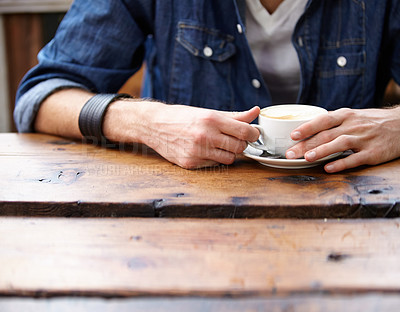 Buy stock photo Coffee shop hands, wooden table and cafe person, relax customer or client drinking latte, fresh espresso or morning drink. Tea cup, mug and closeup consumer sitting in cafeteria, diner or restaurant