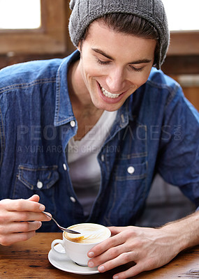 Buy stock photo Coffee cup, service smile and happy man, cafe customer or client happiness for latte, espresso or morning drink. Wellness, restaurant and gen z person relax in startup small business, diner or store