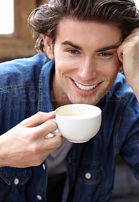 Buy stock photo Coffee shop portrait, tea cup and happy man, cafe customer or client happiness for latte, espresso or morning wellness drinks. Drinking, cacao drink and face of relax person smile in restaurant diner