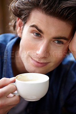 Buy stock photo Coffee shop face, relax and happy man, cafe customer or client smile for service, hot chocolate or morning cacao drink. Tea, consumer and closeup person satisfied with beverage, diner or services