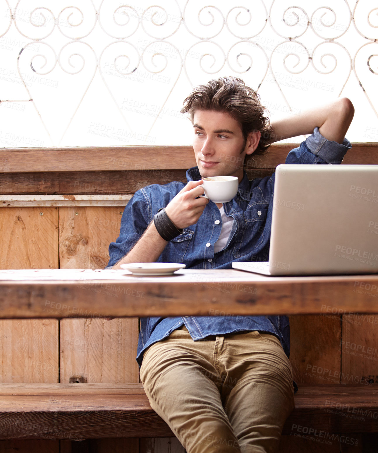 Buy stock photo Laptop, coffee break and relax man, cafe customer or retail store client drinking espresso, latte or caffeine drink. Restaurant, morning wellness and student with tea cup in college campus cafeteria