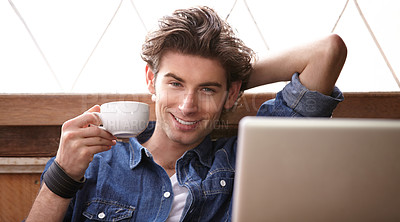 Buy stock photo Cafe portrait, coffee cup and happy man, relax customer or retail store client drinking espresso, latte or caffeine drink. Happiness, morning beverage or male student with tea in university cafeteria