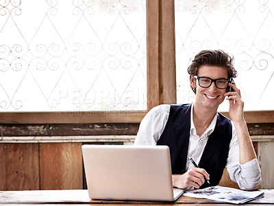 Buy stock photo Laptop, cafe business portrait and happy man in phone call conversation, discussion or communication. Financial advisor smile, freelance remote work and professional person writing plan in restaurant