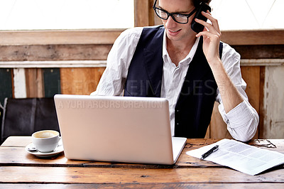 Buy stock photo Laptop, phone call and restaurant business manager, man or person check coffee shop order information with contact. Management, cellphone communication and professional person working in startup cafe