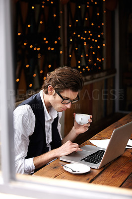 Buy stock photo Online laptop, coffee shop and business man reading, scroll and research customer experience data, insight or statistics. Small business owner, cafe or male manager review startup restaurant feedback