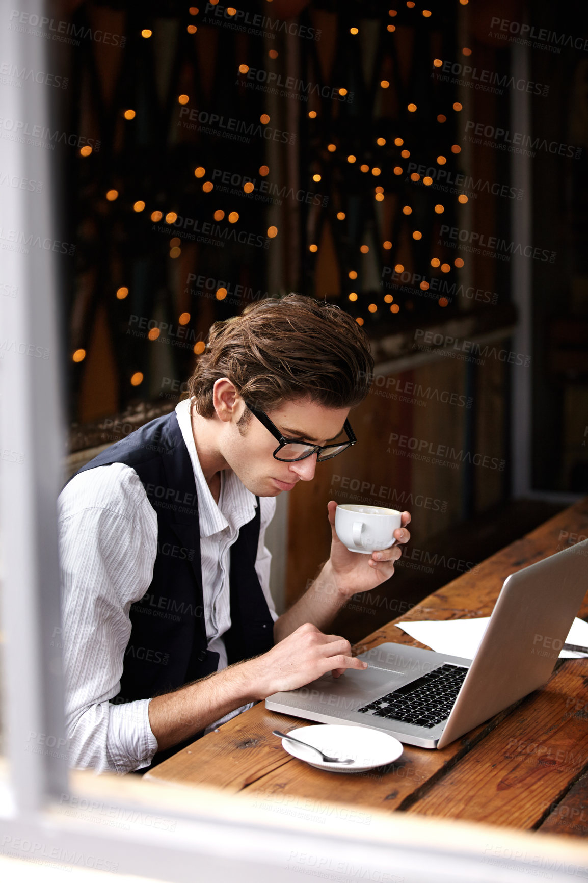 Buy stock photo Online laptop, coffee shop and business man reading, scroll and research customer experience data, insight or statistics. Small business owner, cafe or male manager review startup restaurant feedback