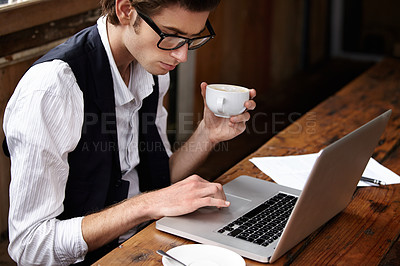 Buy stock photo Laptop, coffee shop store or business man typing, scroll and reading customer experience data, insight or online info. Small diner owner, cafe or professional person review retail restaurant feedback