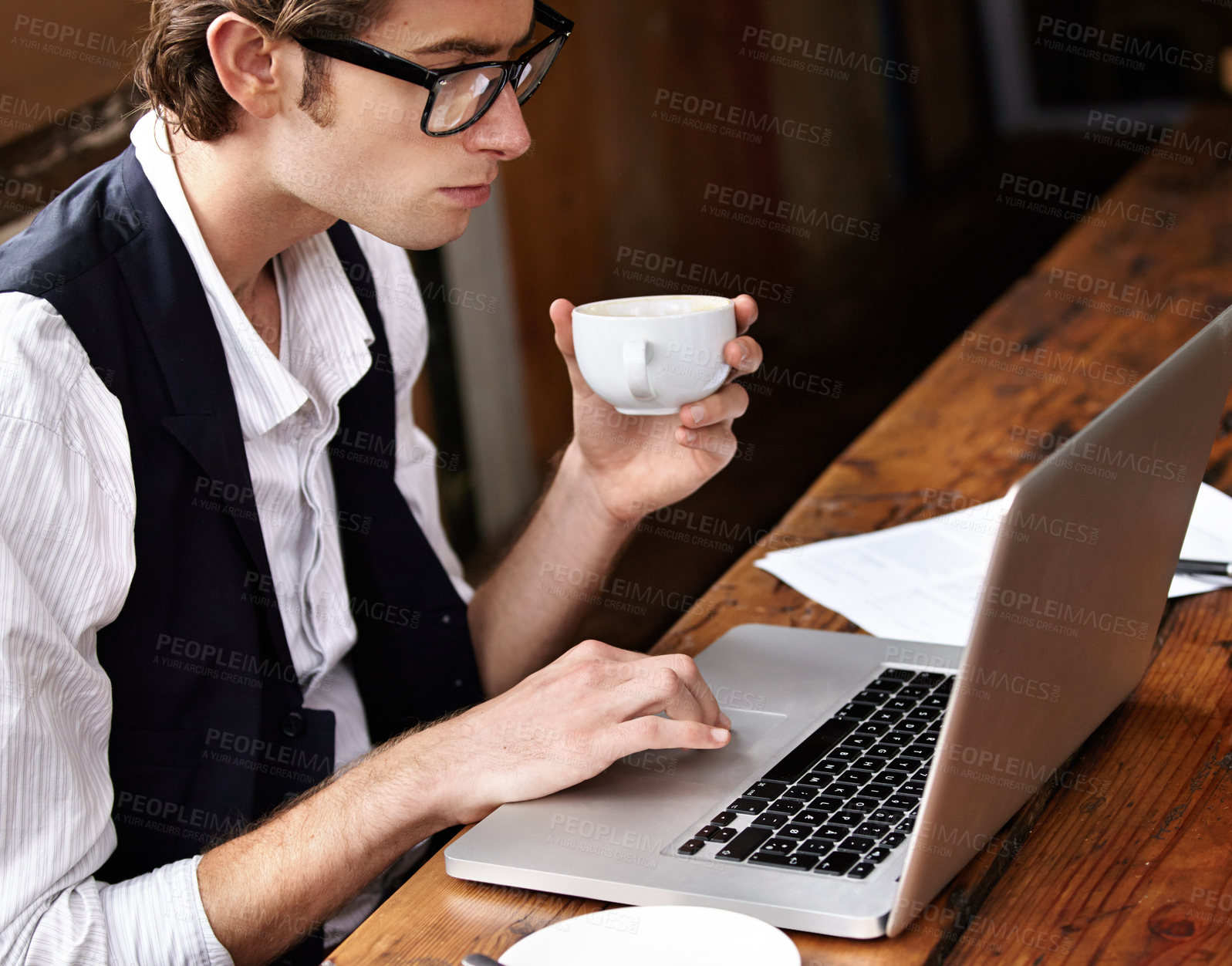 Buy stock photo Laptop, coffee cup or professional man, reading freelancer or person check calendar, schedule or remote work agenda. Small business owner, morning tea drink and manager review retail restaurant sales