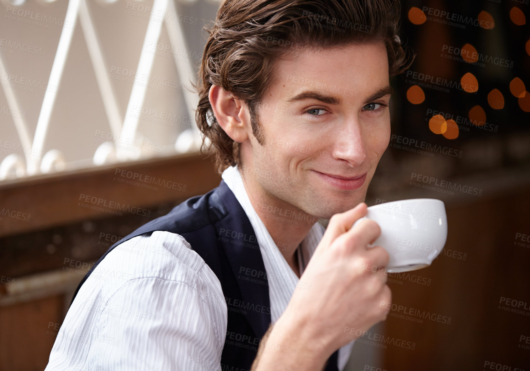Buy stock photo Coffee break, cafe portrait and happy man, business client or customer drinking latte, espresso or matcha tea. Morning wellness, face and confident person smile in retail shop, store or restaurant