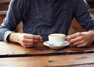 Buy stock photo Coffee break, cafe cup or hands of person, store client or shop customer drinking latte, espresso or caffeine beverage. Morning wellness, tea or consumer relax in retail shop, cafeteria or restaurant