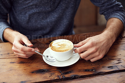 Buy stock photo Coffee cup, caffeine and hands of cafe person, client or customer drinking matcha tea, espresso or cappuccino drink. Closeup, hospitality service and relax consumer sitting at restaurant diner table