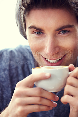 Buy stock photo Coffee cup, face portrait and happy man drinking matcha tea, espresso or delicious cappuccino drink for stress relief. Happiness, beverage and young person, hipster or student in shop, diner or cafe