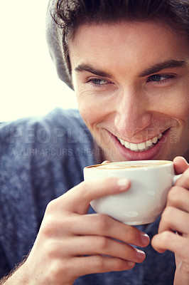 Buy stock photo Morning coffee cup, face and happy man drinking matcha tea, espresso or delicious cappuccino drink for stress relief. Happiness, fresh beverage and young person, hipster or student in restaurant cafe