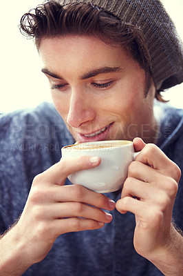 Buy stock photo Coffee cup, morning drink and face of happy man drinking matcha tea, espresso or delicious cappuccino, caffeine or latte. Relax, wellness and young person, gen z hipster or student smile for beverage