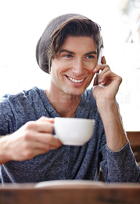 Buy stock photo Young man, phone call and coffee shop with drink, smile and conversation for networking, chat and good news. College student guy, smartphone and happy tea cup, matcha or espresso in cafe with listen