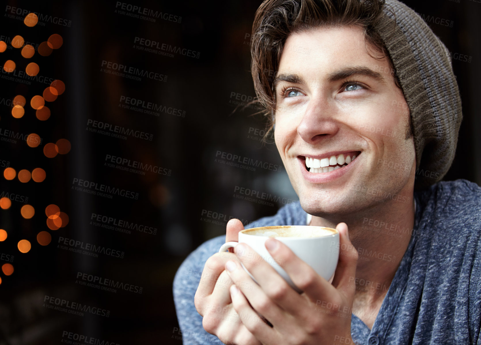 Buy stock photo Cafe tea cup, face or relax happy man dream of idea, student inspiration or warm beverage, latte or thinking. Wellness smile, happiness or young person on coffee break in college school cafeteria