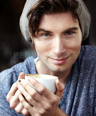 Buy stock photo Coffee shop portrait, cup or face of happy man, hipster or gen z student drinking caffeine, espresso or chai latte in restaurant. Wellness, closeup person and client headshot in diner with cappuccino