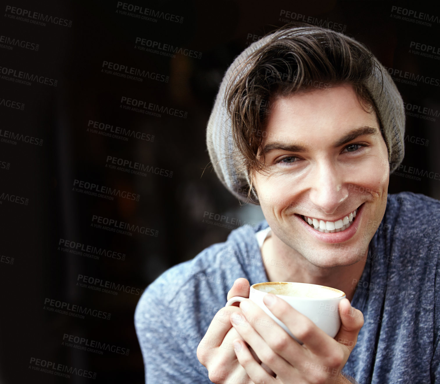 Buy stock photo Coffee shop portrait, tea cup and happiness of man smile for morning matcha drink, hospitality service or restaurant chain. Wellness, aroma and face of happy male client on cafe break with green tea