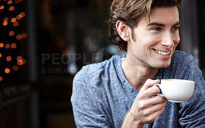 Buy stock photo Thinking, cafe and man with a coffee cup, relax and happy in a restaurant, breakfast and hot chocolate. Male person, customer and warm beverage with a smile, Italian and cacao drink with happiness