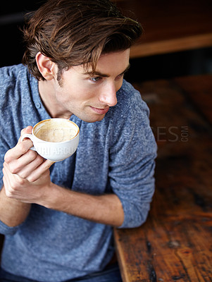 Buy stock photo Cafeteria drink, tea cup and relax man, consumer or young student with morning breakfast drinks at restaurant table. Relaxation, diner beverage or person holding espresso mug in Australia coffee shop
