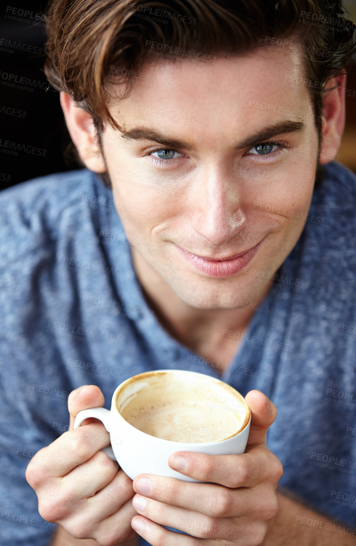 Buy stock photo Cafe face portrait, coffee cup and man smile for morning caffeine drink, hot chocolate or cafeteria latte. Restaurant satisfaction, aroma or closeup customer holding cappuccino mug in Portugal diner