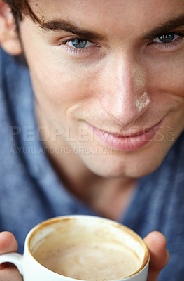 Buy stock photo Cafe portrait, coffee cup and closeup happy man for morning caffeine drink, hot chocolate or matcha green tea. Restaurant satisfaction, face smile or customer with warm espresso mug in Portugal diner