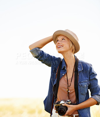 Buy stock photo Woman, camera and thinking with travel, vacation and holiday with wheat field and plants. Nature, photographer and outdoor with traveler blog and countryside with photo for adventure and journey