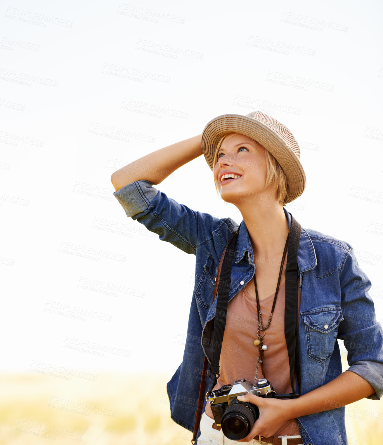 Buy stock photo Woman, camera and thinking with travel, vacation and holiday with wheat field and plants. Nature, photographer and outdoor with traveler blog and countryside with photo for adventure and journey