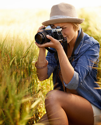 Buy stock photo Woman, camera and photography with summer, vacation and holiday with wheat field and travel. Nature, photographer and outdoor with traveler blog and countryside with photo for adventure and journey