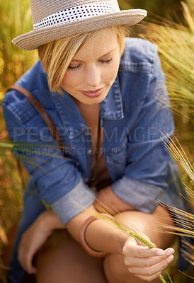 Buy stock photo Woman, wheat field and countryside relax in summer or holiday vacation in meadow, calm or environment. Female person, grass and outdoor nature in New Zealand with sunshine, wellness or wilderness