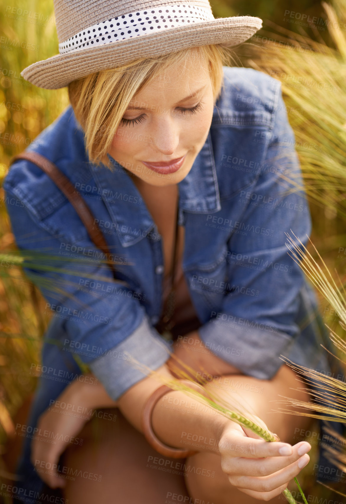 Buy stock photo Woman, wheat field and countryside relax in summer or holiday vacation in meadow, calm or environment. Female person, grass and outdoor nature in New Zealand with sunshine, wellness or wilderness